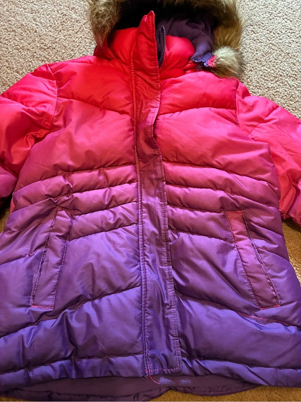 Arizona Jean Company Girls Pink to Purple Ombre Puffer Jacket with Faux Fur Hood